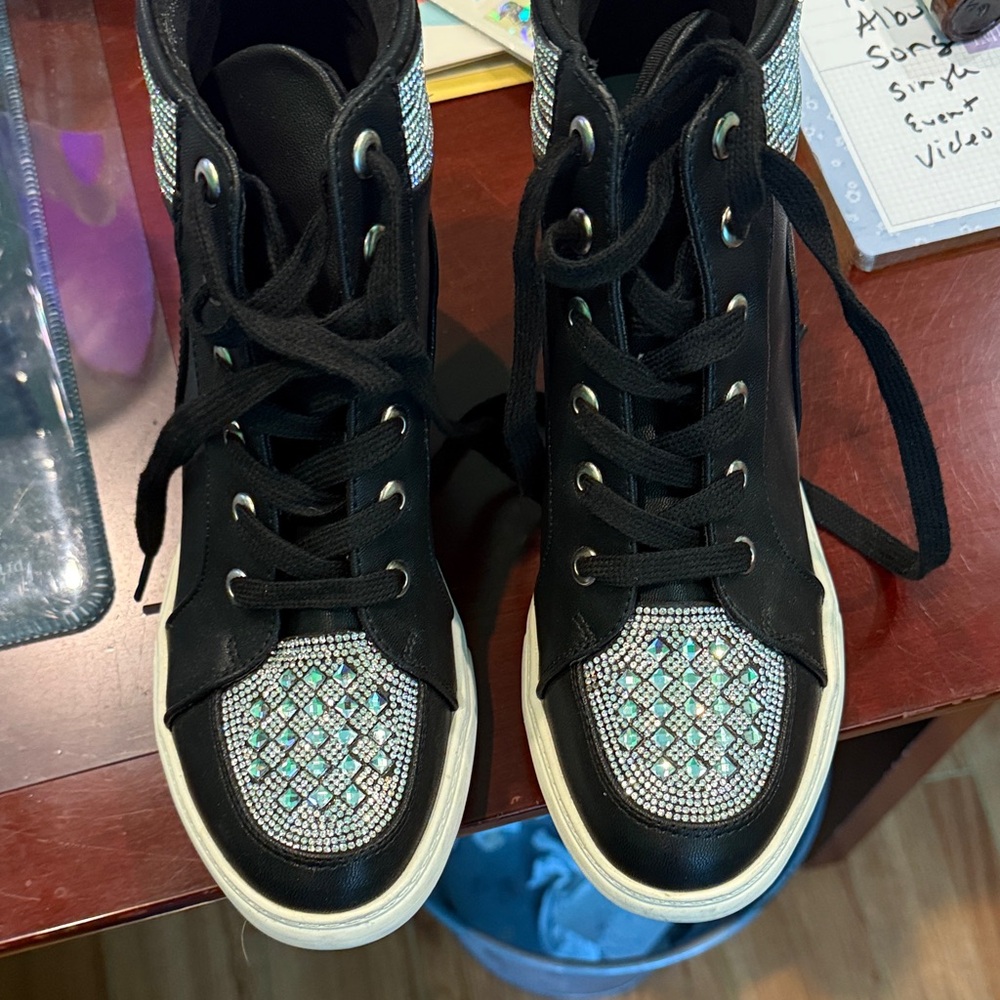 Black High-Top Sneaker with Crystal Toe and Side Panels
